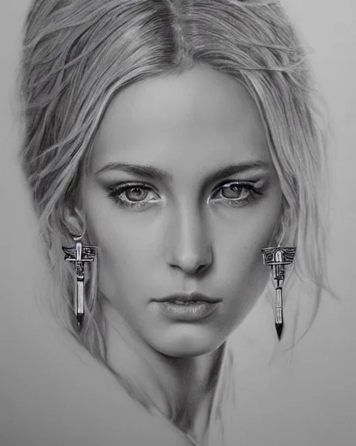 Image similar to pencil drawing of a beautiful greek goddess aphrodite with arrowhead earrings, beautiful piercing eyes, beautiful blonde hair, hyper realistic face, in the style of greg rutkowski, fantasy, amazing detail, epic, elegant, smooth, sharp focus, from the front