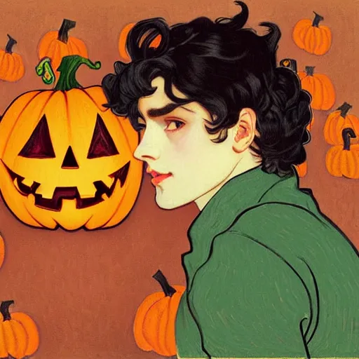 Prompt: painting of young cute handsome beautiful dark medium wavy hair man in his 2 0 s named shadow taehyung and cute handsome short dark hair man together at the halloween jack o lantern pumpkin party, autumn colors, elegant, clear, painting, stylized, delicate, soft facial features, delicate facial features, soft art, art by alphonse mucha, vincent van gogh, egon schiele