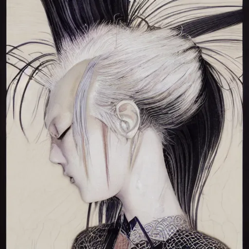 Image similar to Yoshitaka Amano realistic illustration of an anime girl with white hair and cracks on her face wearing dress suit with tie fluttering in the wind, abstract black and white patterns on the background, noisy film grain effect, highly detailed, Renaissance oil painting, weird portrait angle