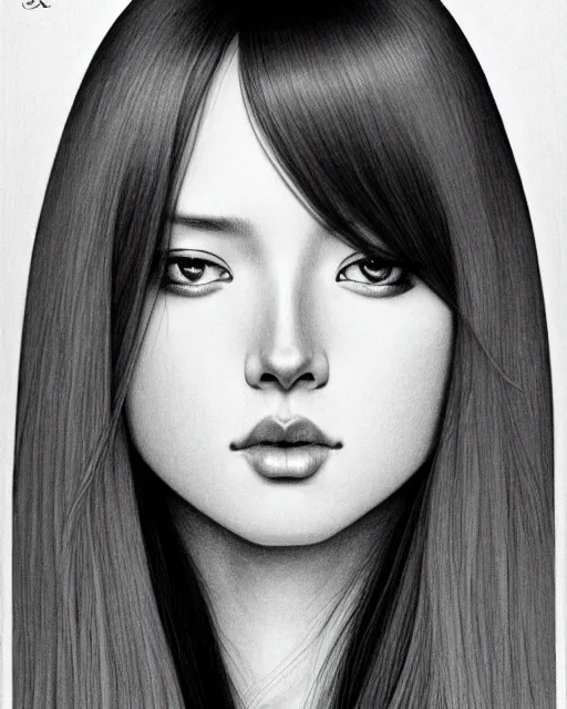 Image similar to ' daydreaming woman with long straight silky hair ', closeup shot of face, beautiful shadowing, soft shadowing, reflective surfaces, illustrated completely, 8 k beautifully detailed pencil illustration, extremely hyper - detailed pencil illustration, intricate, epic composition, masterpiece, bold complimentary colors. stunning masterfully illustrated by artgerm, range murata, alphonse mucha, katsuhiro otomo.