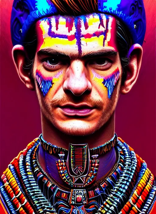 Image similar to portrait of andrew garfield, hyper detailed ultra sharp aztec shaman warrior. trending on artstation, warpaint aesthetic, bloodwave, colorful, psychedelic, ornate, intricate, digital painting, concept art, smooth, sharp focus, illustration, art by artgerm and greg rutkowski and h. r. giger, 8 k