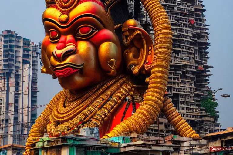 Image similar to high quality 3 d cyberpunk biomorphic hanuman head building in the middle of mumbai!!, kalighat highly detailed, cinematic smooth, stephen shore & john j. park, soft morning light, wide shot, high angle, uhd 8 k, deep focus