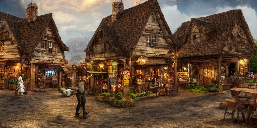 Image similar to walking taverns with clawed feet, exterior landscape shot, tilt-shifted, high quality art, 4k