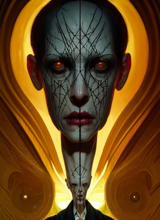 Image similar to symmetry!! portrait of pinhead, horror, moody lights!! intricate, scary, highly detailed, digital painting, artstation, concept art, smooth, sharp focus, illustration, art by artgerm and greg rutkowski and alphonse mucha