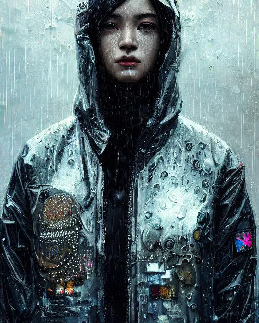 Image similar to detailed portrait, rain, cyberpunk futuristic neon, reflective puffy coat, decorated with traditional japanese ornaments by ismail inceoglu dragan bibin hans thoma greg rutkowski alexandros pyromallis nekro rene maritte illustrated, perfect face, fine details, realistic shaded, fine - face, pretty face