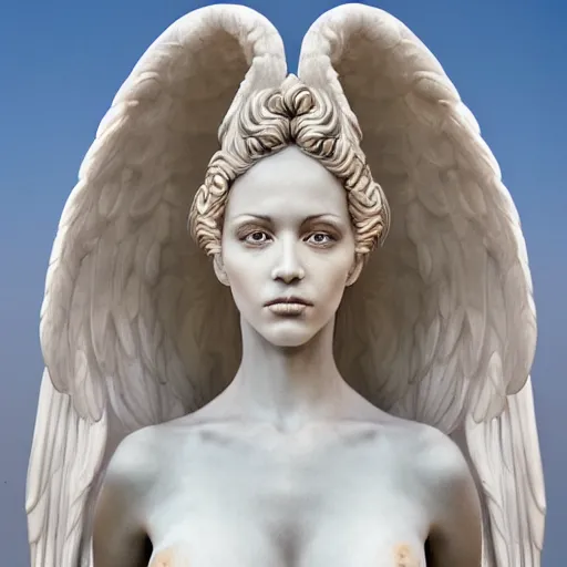 Image similar to a marble statue, of an beautiful angel girl, perfect symmetrical body, perfect symmetrical face, hyper realistic, hyper detailed, fujicolor superia 1 6 0 0 photo, by peter kemp