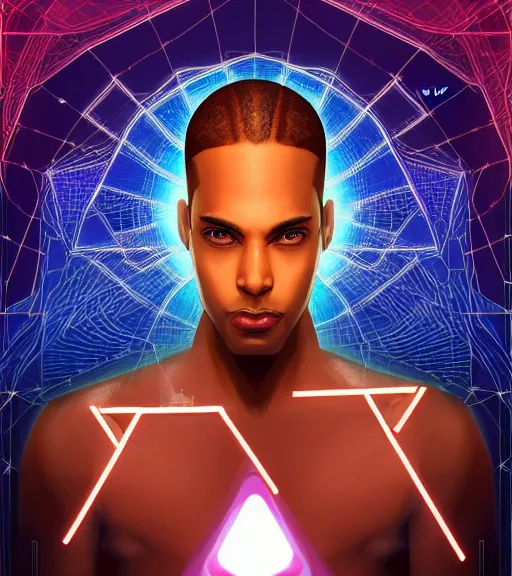 Image similar to symmetry!! egyptian prince of technology, solid cube of light, hard edges, product render retro - futuristic poster scifi, lasers and neon circuits, brown skin man egyptian prince, intricate, elegant, highly detailed, digital painting, artstation, concept art, smooth, sharp focus, illustration, dreamlike, art by artgerm