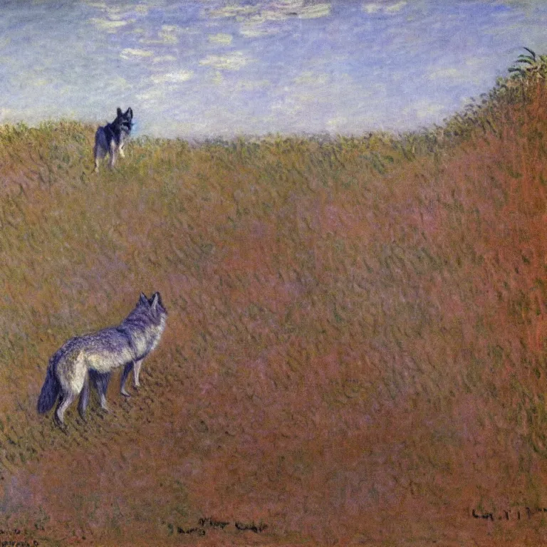 Image similar to Majestic wolf walking through a sand dune on the heath. Painting by Claude Monet (1872)