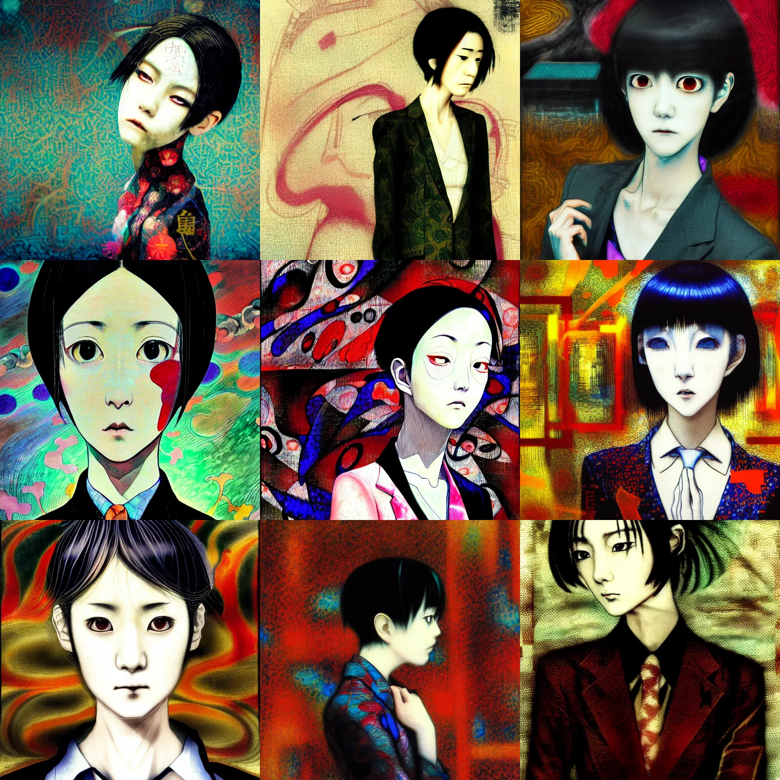 Prompt: yoshitaka amano blurred and dreamy stylized three quarter angle portrait of a young woman with short hair and black eyes wearing dress suit with tie, junji ito abstract patterns in the background, satoshi kon anime, noisy film grain effect, highly detailed, renaissance oil painting, weird portrait angle, blurred lost edges