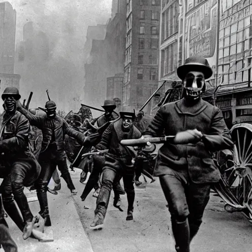 Prompt: old black and white photo, 1 9 1 3, depicting terminators rampaging through the bustling streets of new york city, historical record