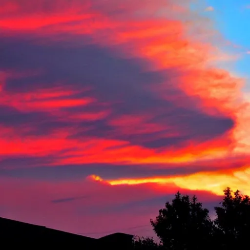 Image similar to sunset clouds looking like screaming chucky doll