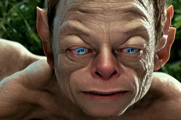 Prompt: film still of Elon Musk playing the role of Gollum Sméagol, from the movie The Lord of the Rings: The Fellowship of the Ring (2001)