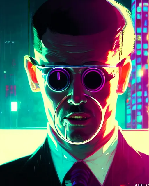 Prompt: cyberpunk synth, hyper - realistic portrait of a man in a suit with detailed background, cyberpunk, intricate, 4 k, by atey ghailan, by greg rutkowski, by greg tocchini, by james gilleard, by joe fenton, by kaethe butcher, dynamic lighting, lighting color scheme, sharp focus, grunge aesthetic