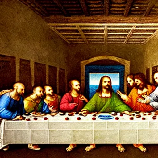 Prompt: last supper by leonardo da vinci bit with pizza