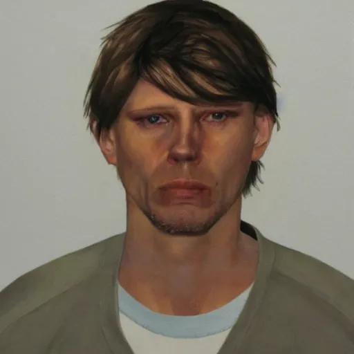 Prompt: A mugshot portrait of a middle aged man who looks like Jerma985 with very short wavy hair, and wearing late 1990s menswear in the late 2000s, taken in the late 2000s, grainy, realistic, hyperrealistic, very realistic, highly detailed, very detailed, extremely detailed, detailed, trending on artstation, front facing, front view, headshot and bodyshot, detailed face, very detailed face