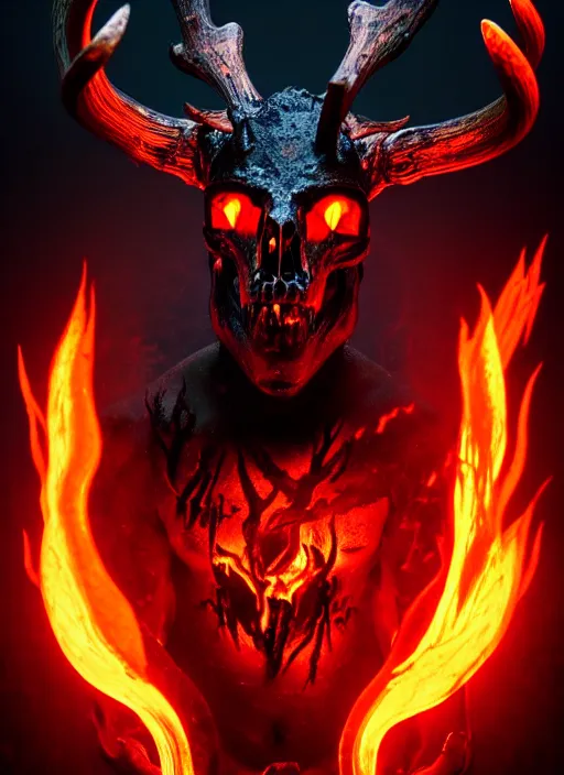 Prompt: flaming demon in the pits of hell with a deer skull as head, ember glowing in eye sockets, headshot photo, character concept, dark souls concept art, Feng Zhu concept art, dramatic lighting, highly stylized, trending on artstation, high-quality wallpaper, desktopography
