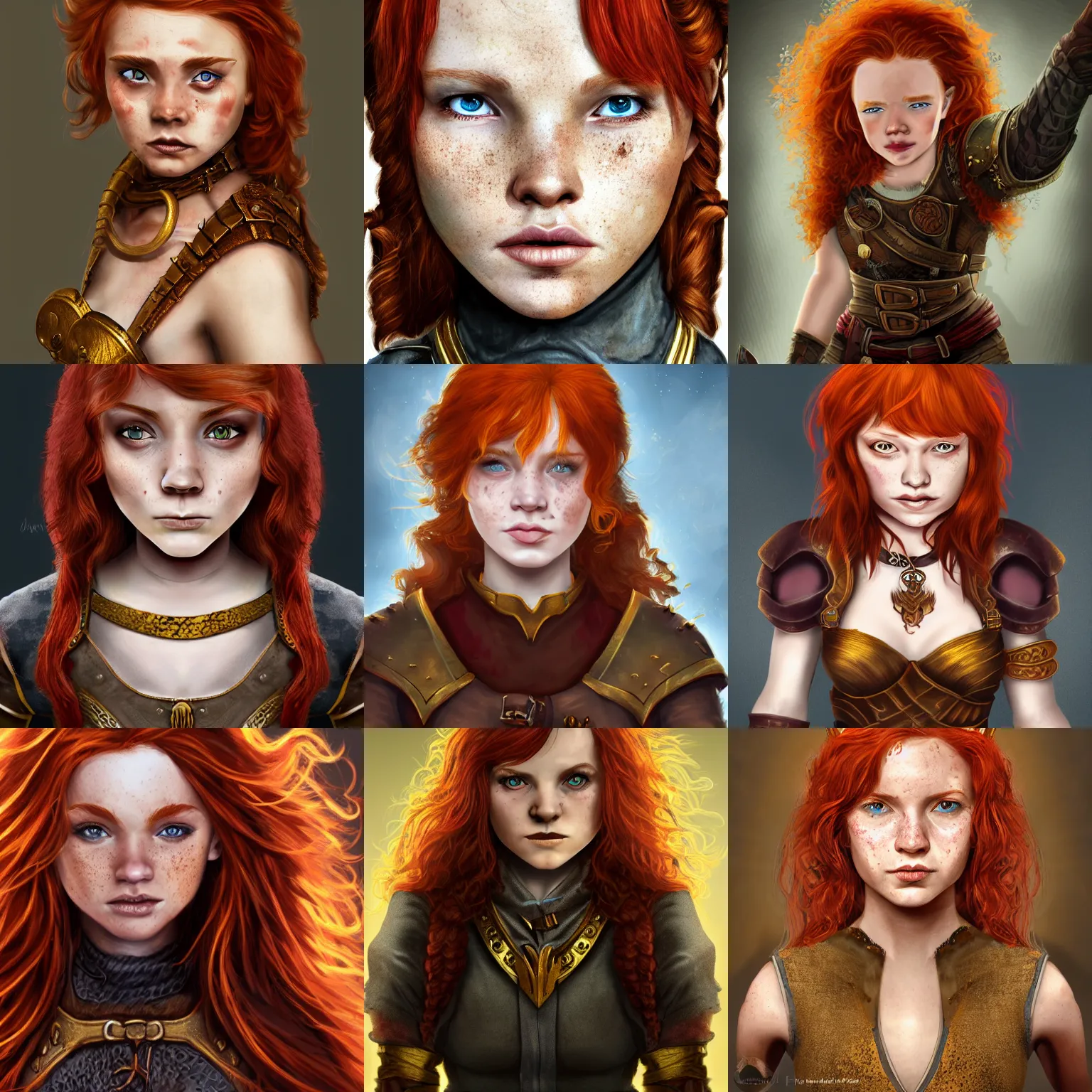 Prompt: feisty redheaded halfling young woman with freckles like brass scales, wavy shoulder-length hair, gold eyes, headshot, dungeons and dragons, digital art, 4k ultra hd