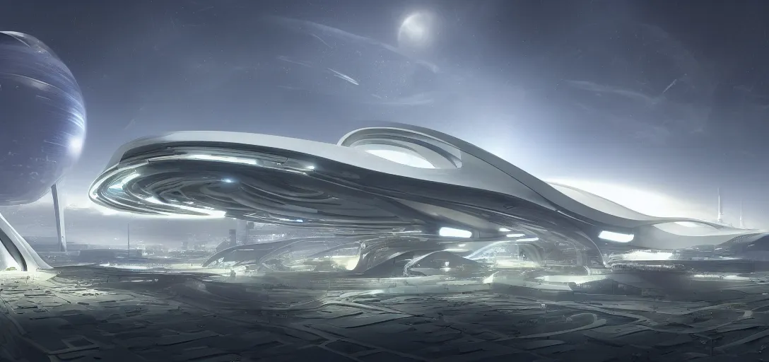 Image similar to a futuristic solarpunk spaceport, designed by zaha hadid, sci - fi, digital art by paul chadeisson