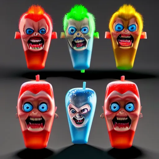 Image similar to popsicles shaped like screaming chucky doll octane render, unreal engine