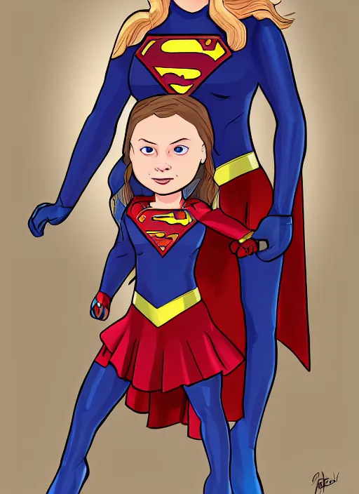 Prompt: greta thunberg as supergirl, detailed digital art, trending on Artstation