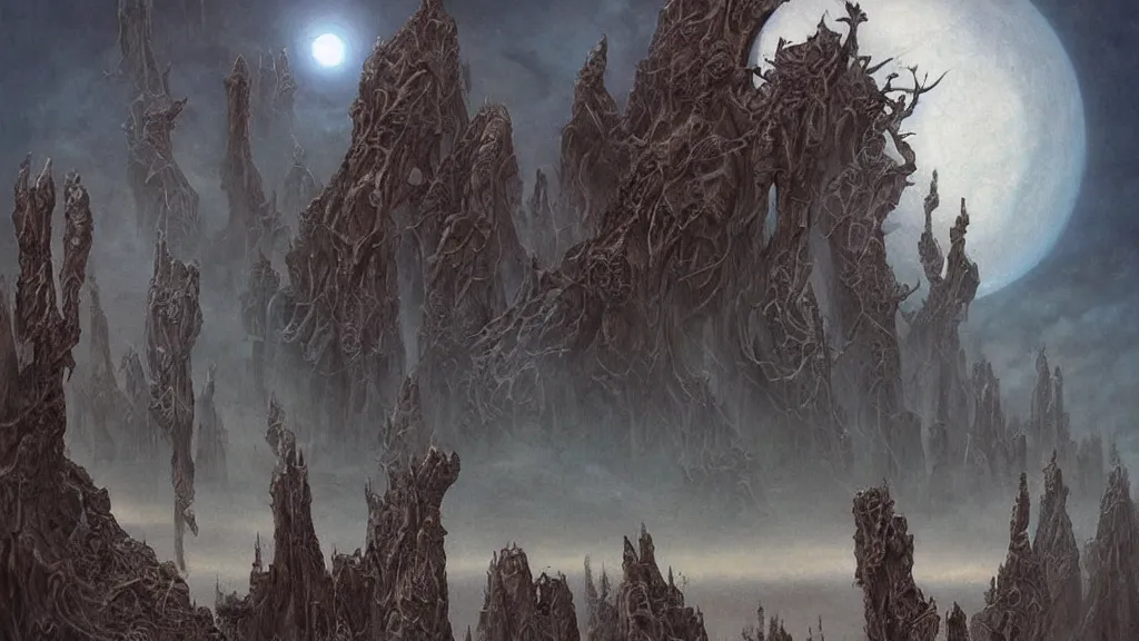 Image similar to eerie atmospheric evolving alien planet by gerald brom and glenn barr, epic cinematic matte painting