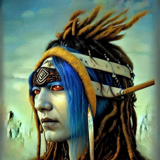 Image similar to A young blindfolded shaman woman with a decorated headband, in the style of heilung, blue hair dreadlocks and wood on her head., made by karol bak