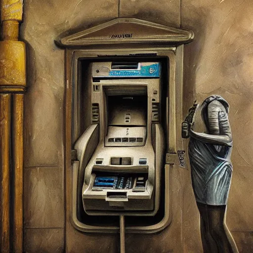 Prompt: detailed painting of a scifi abandoned atm, celestial ephemeral ornaments and greek architecture, artstation, h. r giger, in africa, cinematic