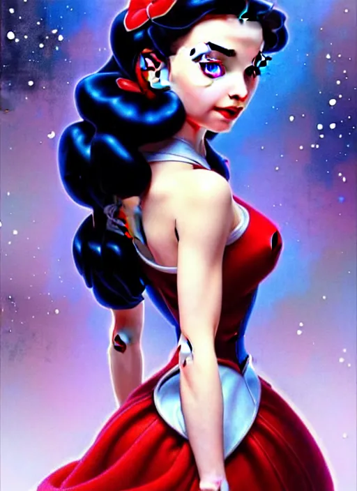 Image similar to disney snow white ( ( ana de armas ) ), dreamscape, girl, masterpiece, intricate, elegant, highly detailed, my rendition, digital painting, artstation, concept art, smooth, sharp focus, illustration, art by artgerm and greg rutkowski and alphonse mucha and uang guangjian and gil elvgren and sachin teng, symmetry!!