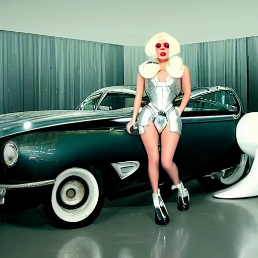 Prompt: lady gaga as a futuristic robot made out of white glass and shiny chrome washing a vintage 1 9 5 0's car