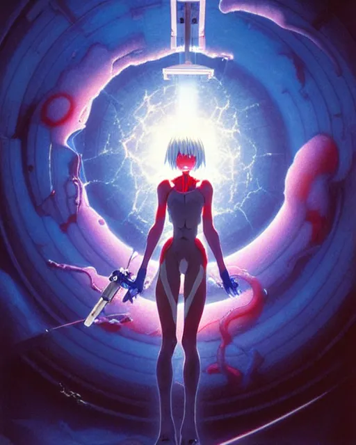 Image similar to female anime character, rei ayanami, cyborg, in the center giygas, inside a space station, eye of providence, by noriyoshi ohrai, by zdzisław beksinski, by finnian macmanus, vivid, by wojtek siudmak, to eye hellscape, mind character, environmental