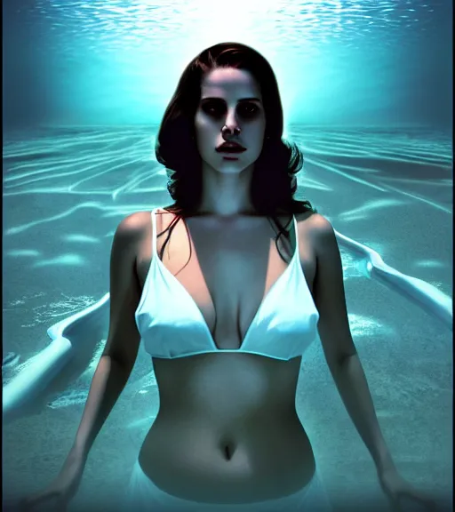 Image similar to underwater portrait of lana Del Rey as a cyborg, octane render, kingdom come by Alex Ross