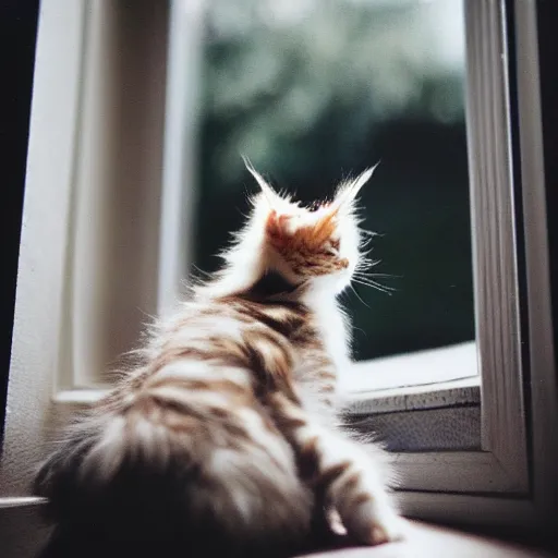 Image similar to medium - shot view from the back of a backlit maine coon kitten gazing out a sunny window on a warm day and watching the flowers. 3 5 mm, f / 1 1. 0, is 1 0 0