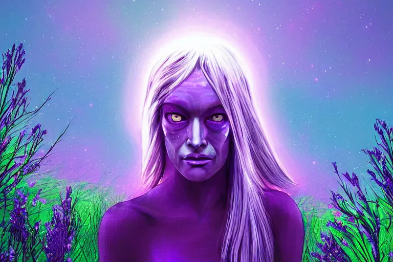 Prompt: a digital painting of a extraterrestrial alien female that's lost in a meadow, tall plants, purple lighting, night sky, glows, moonlight,