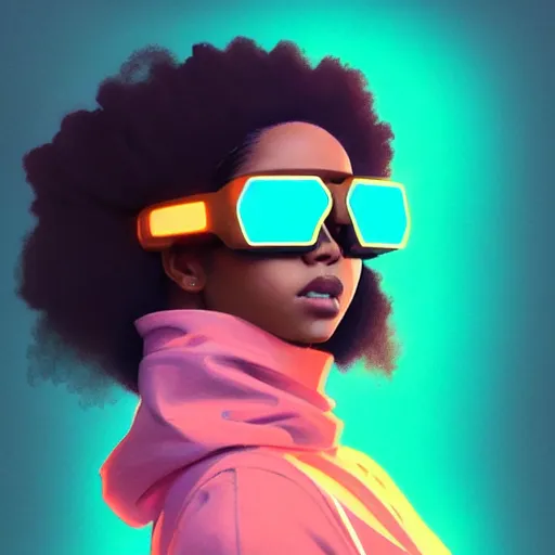 Image similar to beautiful woman wearing opaque reflective goggles profile picture by greg rutkowski, brown skin, long afro hair, asymmetrical, futuristic, pastel neon colors, streetwear, studio ghibli, organic painting, matte painting, geometric shapes, hard edges, street art, trending on the artstation, fantasy lut, realistic by sachin teng,