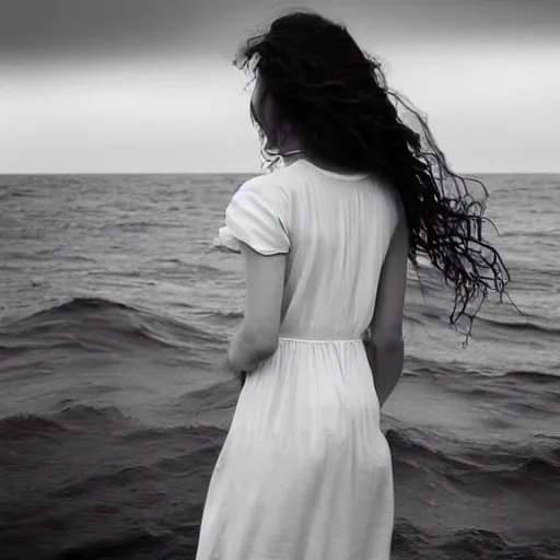 Prompt: A beautiful woman. the most beautiful woman. beautiful woman stock photo. award winning. young beautiful woman. melancholic. in the middle of the ocean. detailed. photorealism. granular photography. tumultuous sea. cloudy. long wavy hair. long wavy white dress. black and white. 24mm lens. shutter speed 4/1. iso 100. f/2.8 W-1024