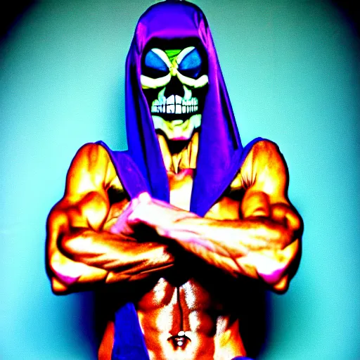 Prompt: glamour fashion modeling photo of skeletor