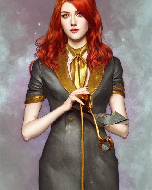 Image similar to katherine mcnamara wearing a golden dress, grey hair, red necktie, cinematic, stunning, highly detailed, digital painting, artstation, smooth, hard focus, full body shot, illustration, art by artgerm and greg rutkowski and alphonse mucha