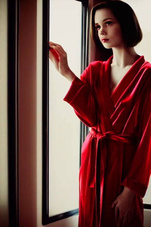 Prompt: a stunning brunette, wearing a silky red robe, sunlight shining through, standing near a window, closeup, cinematic, by wlop