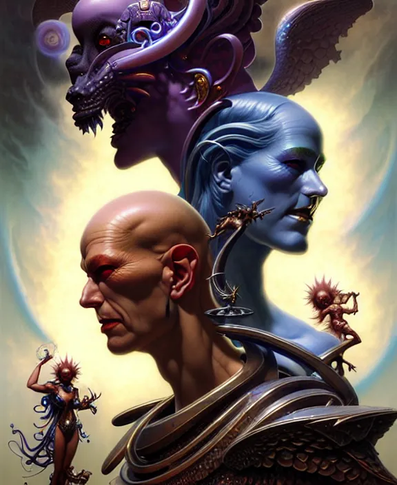 Image similar to beautiful gemini good and evil fantasy character portrait, ultra realistic, wide angle, intricate details, the fifth element artifacts, highly detailed by peter mohrbacher, hajime sorayama, wayne barlowe, boris vallejo, aaron horkey, gaston bussiere, craig mullins