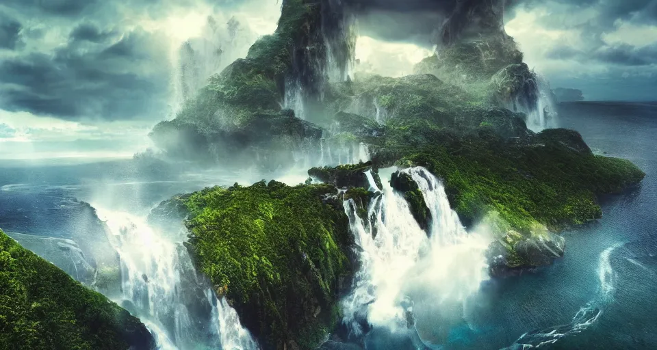 Image similar to A magnificent flying island in the sky above the sea, waterfall falling down, epic lighting, epic composition, cinematic, highly detailed, 4k