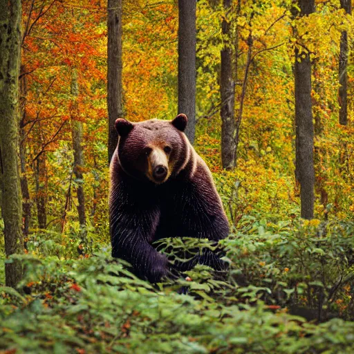 Image similar to a bear standing in a beautiful autumn forest, very high detail ultra quality photo, sigma 2 0 0 2. 8