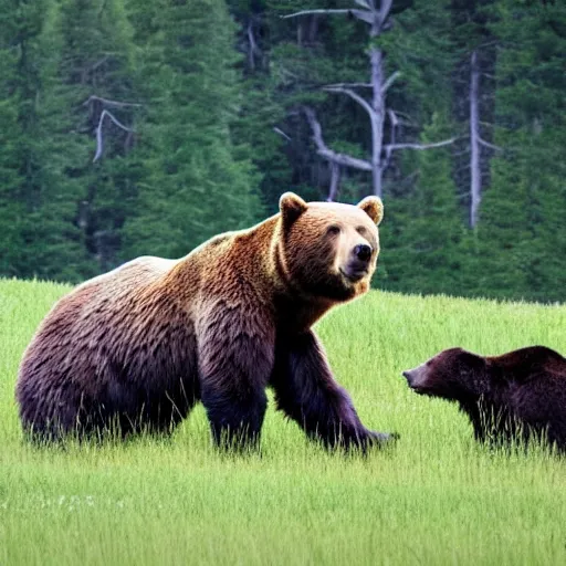 Prompt: a photo of a bear in a field. Jerome Powell is sitting on top of the bear. Jerome powell is riding the bear like a horse.