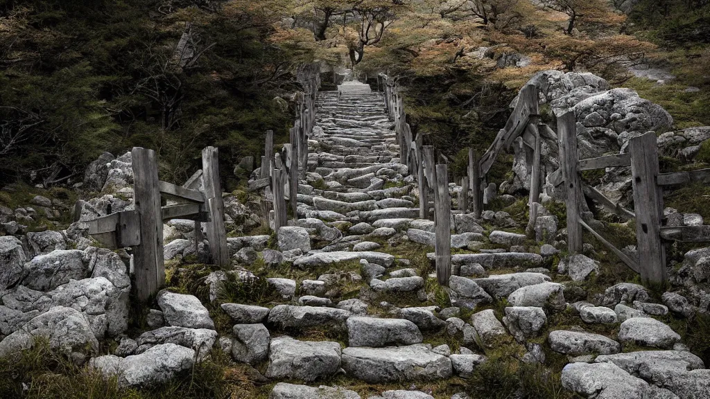 Image similar to a shinto gate atop a stone stairway on a mountain, photography by michal karcz and zhang kechun