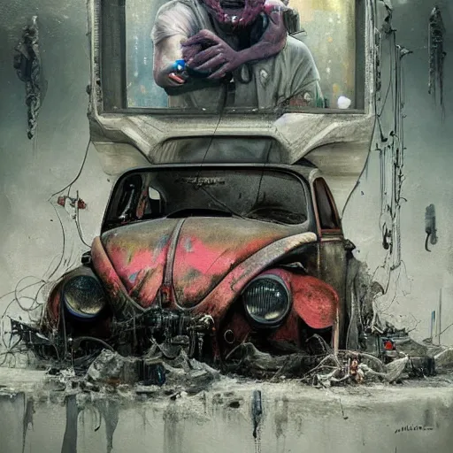 Prompt: a beatiful painting of portrait, A beaten up old vw beetle, cyberpunk, by Mizuri AU and Soufiane Idrassi and BONDARTS and Tomasz Alen Kopera and Klaus Wittmann and Deathburger and Daniel Romanovsky and Aku, trending on artststion