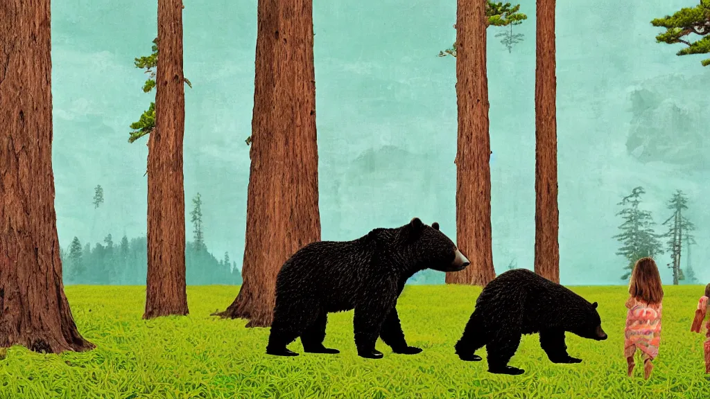 Image similar to a mama and baby bear at a seaside landscape with sequoia trees, japan, a collage painting, in the style of wes anderson, lola dupre, david hockney, isolated on negative white space background dark monochrome neon spraypaint accents volumetric octane render