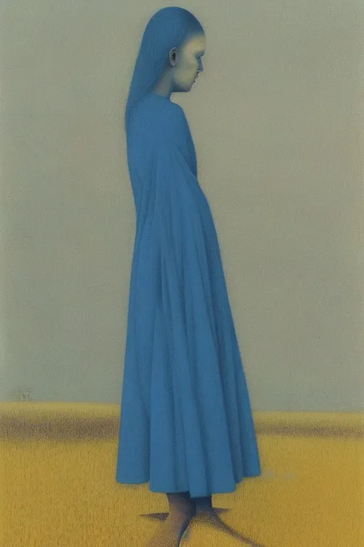 Prompt: girl with a long blue dress looking away on orange background by zdzisław beksinski