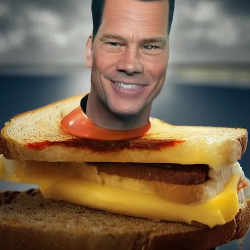 Image similar to dutch mark rutte hyperrealistic, octane render, surfing on a cheese sandwich