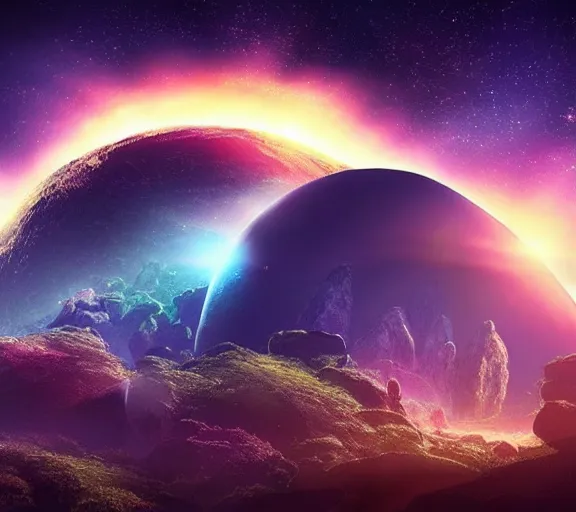 Image similar to planet with a gigantic megastructure extending out of its atmosphere, beautiful epic realistic space fantasy scene, futuristic and iridescent crystals