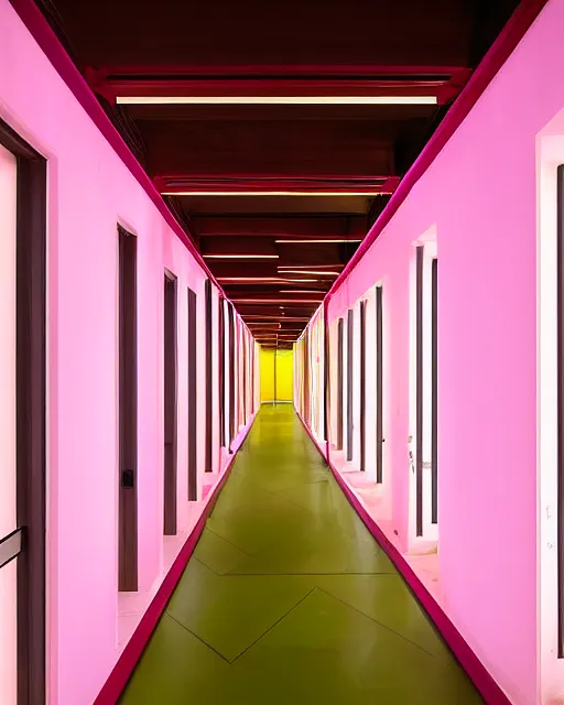 Prompt: a long hallway with bright colored windows on the walls, lighting coming through the windows illuminating the hallway, a photograph by huang ding, featured on tumblr, light and space, irridescent, vibrant colors