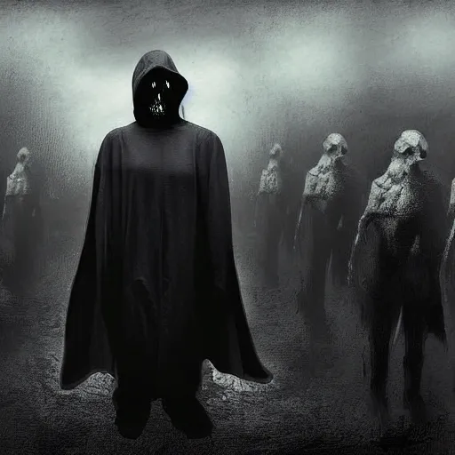 Image similar to a dark robed skeletal figure, with face covered by a hood, behind an army of zombies, hd, digital art, by anson maddocks